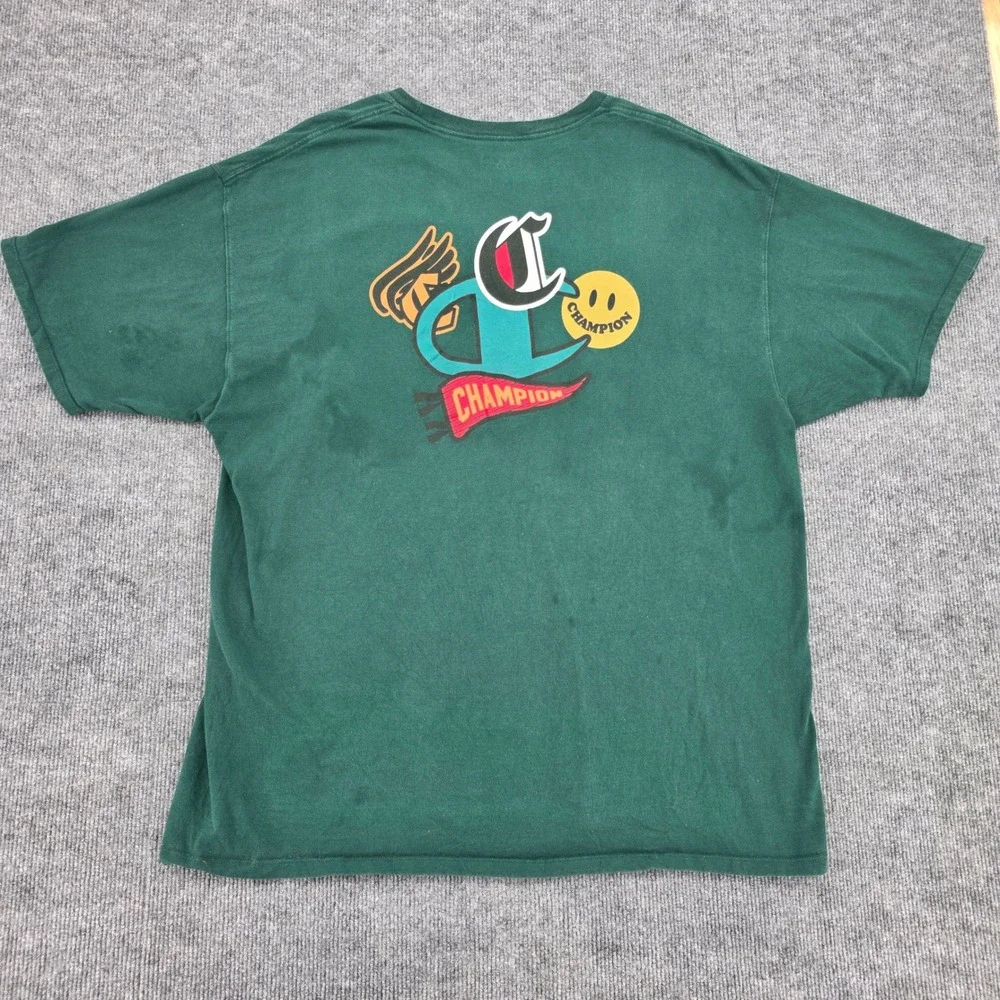 Champion Mens 2XL Forest Green Graphic T-Shirt Smiley Face Pennant Streetwear - Picture 7 of 9